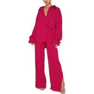 imageLYANER Womens 2 Piece Outfits Button Down Long Sleeve Shirt and Wide Leg Pants SetRose