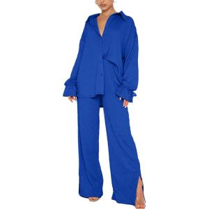 imageLYANER Womens 2 Piece Outfits Button Down Long Sleeve Shirt and Wide Leg Pants SetRoyal Blue