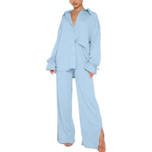 imageLYANER Womens 2 Piece Outfits Button Down Long Sleeve Shirt and Wide Leg Pants SetSky Blue