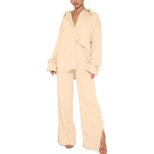 imageLYANER Womens 2 Piece Outfits Button Down Long Sleeve Shirt and Wide Leg Pants SetSolid Beige