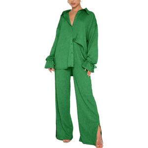 imageLYANER Womens 2 Piece Outfits Button Down Long Sleeve Shirt and Wide Leg Pants SetSolid Green