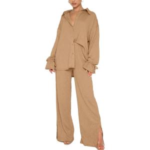 imageLYANER Womens 2 Piece Outfits Button Down Long Sleeve Shirt and Wide Leg Pants SetSolid Khaki