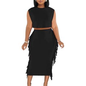 imageLYANER Womens 2 Piece Outfits Crewneck Fringe Sleeveless Crop Top and Tassel Trim Bodycon Midi Skirt SetBlack