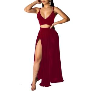 imageLYANER Womens 2 Piece Outfits Deep V Neck Spaghetti Strap Sleeveless Crop Top and High Side Split Cocktail Maxi SkirtWine Red