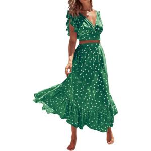 imageLYANER Womens Boho 2 Piece Outfits Polka Dots V Neck Crop Top and Elastic Waist Skirt SetsPoint Green