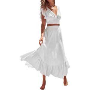 imageLYANER Womens Boho 2 Piece Outfits Polka Dots V Neck Crop Top and Elastic Waist Skirt SetsSolid White