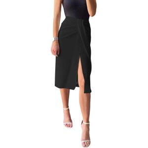 imageLYANER Womens Casual Draped Ruched Front High Waist Split Slit Hem Midi SkirtBlack
