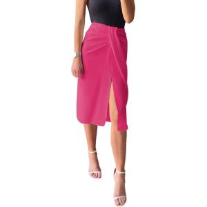 imageLYANER Womens Casual Draped Ruched Front High Waist Split Slit Hem Midi SkirtRose