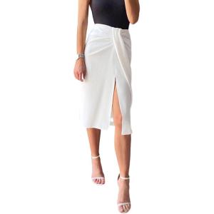 imageLYANER Womens Casual Draped Ruched Front High Waist Split Slit Hem Midi SkirtSolid White
