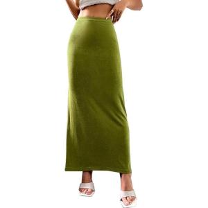 imageLYANER Womens Casual Elastic High Waist Solid Bodycon Long Maxi SkirtDark Green