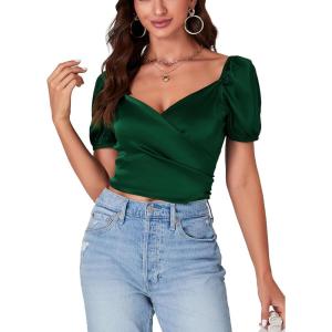 imageLYANER Womens Casual Wrap V Neck Puff Short Sleeve Tie Back Crop Top Blouse ShirtDark Green