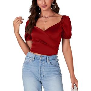 imageLYANER Womens Casual Wrap V Neck Puff Short Sleeve Tie Back Crop Top Blouse ShirtRed