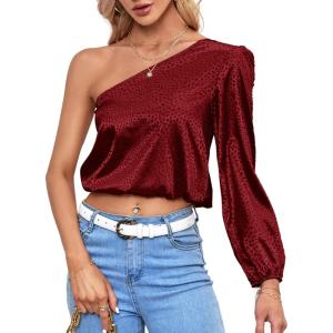 imageLYANER Womens Sexy Satin One Shoulder Puff Long Sleeve Crop Blouse Shirt TopBurgundy