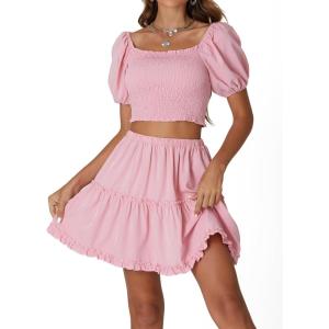 imageLYANER Womens Two Pieces Outfits Frill Smock Square Neck Top and Skirts Suit Sets Pink XSmall