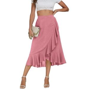 imageLYANER Womens Wrap Front Self Tie Knot High Low Ruffle Hem Split Midi SkirtPink
