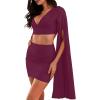imageLYANER Womens 2 Piece Outfits Cloak Long Sleeve Crop Top and Ruched Mini Skirt SetPurplish Red