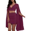 imageLYANER Womens 2 Piece Outfits Cloak Long Sleeve Crop Top and Ruched Mini Skirt SetPurplish Red