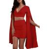 imageLYANER Womens 2 Piece Outfits Cloak Long Sleeve Crop Top and Ruched Mini Skirt SetRed