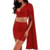 imageLYANER Womens 2 Piece Outfits Cloak Long Sleeve Crop Top and Ruched Mini Skirt SetRed