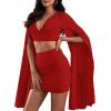imageLYANER Womens 2 Piece Outfits Cloak Long Sleeve Crop Top and Ruched Mini Skirt SetRed
