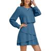imageLYANER Womens Casual Crewneck Long Sleeve Layered Ruffle Hem A Line Mini DressLake Blue
