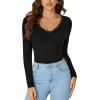 imageLYANER Womens Long Sleeve Shirts Lace V Neck Basic Casual Ribbed Knit Tops Fall Cute Fashion Winter ClothingBlack