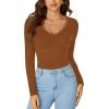 imageLYANER Womens Long Sleeve Shirts Lace V Neck Basic Casual Ribbed Knit Tops Fall Cute Fashion Winter ClothingCaramel