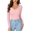 imageLYANER Womens Long Sleeve Shirts Lace V Neck Basic Casual Ribbed Knit Tops Fall Cute Fashion Winter ClothingPink