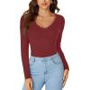 imageLYANER Womens Long Sleeve Shirts Lace V Neck Basic Casual Ribbed Knit Tops Fall Cute Fashion Winter ClothingWine Red