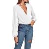 imageLYANER Womens Rib Knit Wraped V Neck Puff Long Sleeve Bodysuit Leotard TopWhite