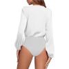 imageLYANER Womens Rib Knit Wraped V Neck Puff Long Sleeve Bodysuit Leotard TopWhite