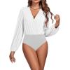 imageLYANER Womens Rib Knit Wraped V Neck Puff Long Sleeve Bodysuit Leotard TopWhite