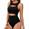 imageLYANER Womens Sleeveless Bodysuits Sexy Cut Out Front Body Suits Stretchy Tank Leotards TopsBlack