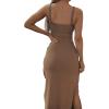 imageLYANER Womens Tie Knot Cut Out Side Split Hem Sleeveless Knit Bodycon Maxi DressBrown
