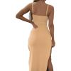 imageLYANER Womens Tie Knot Cut Out Side Split Hem Sleeveless Knit Bodycon Maxi DressLight Khaki