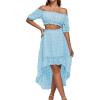 imageLYANER Womens Two Piece Outfit Dress Off The Shoulder Crop Top High Waist Ruffle Midi Skirt Set Sky Blue Small