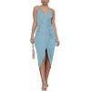 imageLYANER Womens V Neck Ruched Wrap Slit Hem Sleeveless Spaghetti Strap Midi Bodycon DressAzure
