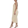 imageLYANER Womens V Neck Ruched Wrap Slit Hem Sleeveless Spaghetti Strap Midi Bodycon DressBeige