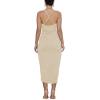 imageLYANER Womens V Neck Ruched Wrap Slit Hem Sleeveless Spaghetti Strap Midi Bodycon DressBeige