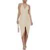 imageLYANER Womens V Neck Ruched Wrap Slit Hem Sleeveless Spaghetti Strap Midi Bodycon DressBeige