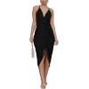 imageLYANER Womens V Neck Ruched Wrap Slit Hem Sleeveless Spaghetti Strap Midi Bodycon DressBlack