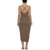imageLYANER Womens V Neck Ruched Wrap Slit Hem Sleeveless Spaghetti Strap Midi Bodycon DressBrown