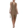 imageLYANER Womens V Neck Ruched Wrap Slit Hem Sleeveless Spaghetti Strap Midi Bodycon DressBrown