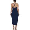 imageLYANER Womens V Neck Ruched Wrap Slit Hem Sleeveless Spaghetti Strap Midi Bodycon DressDark Blue