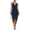 imageLYANER Womens V Neck Ruched Wrap Slit Hem Sleeveless Spaghetti Strap Midi Bodycon DressDark Blue