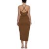 imageLYANER Womens V Neck Ruched Wrap Slit Hem Sleeveless Spaghetti Strap Midi Bodycon DressDark Brown