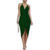 imageLYANER Womens V Neck Ruched Wrap Slit Hem Sleeveless Spaghetti Strap Midi Bodycon DressDark Green