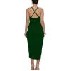 imageLYANER Womens V Neck Ruched Wrap Slit Hem Sleeveless Spaghetti Strap Midi Bodycon DressDark Green