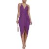 imageLYANER Womens V Neck Ruched Wrap Slit Hem Sleeveless Spaghetti Strap Midi Bodycon DressDark Purple