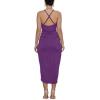 imageLYANER Womens V Neck Ruched Wrap Slit Hem Sleeveless Spaghetti Strap Midi Bodycon DressDark Purple